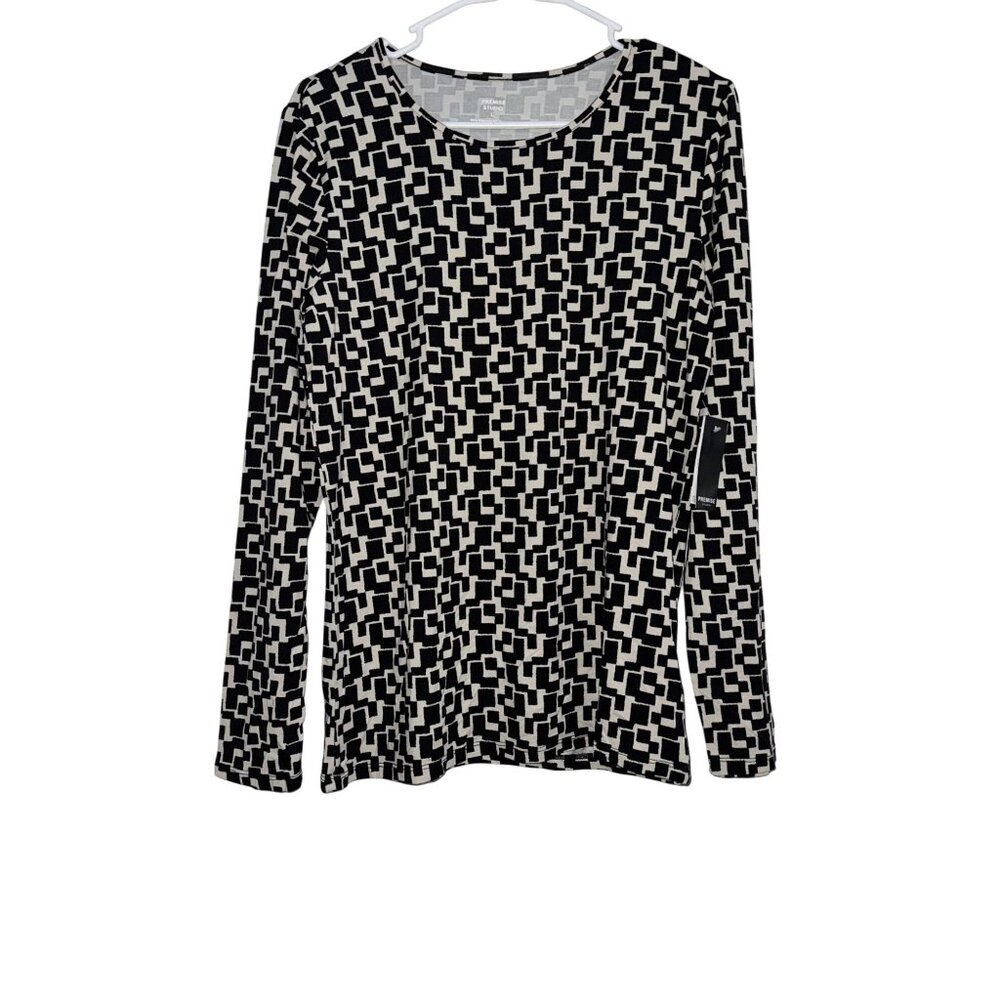Premise Studio Womens Geometric Print Long Sleeve Top L Black & White